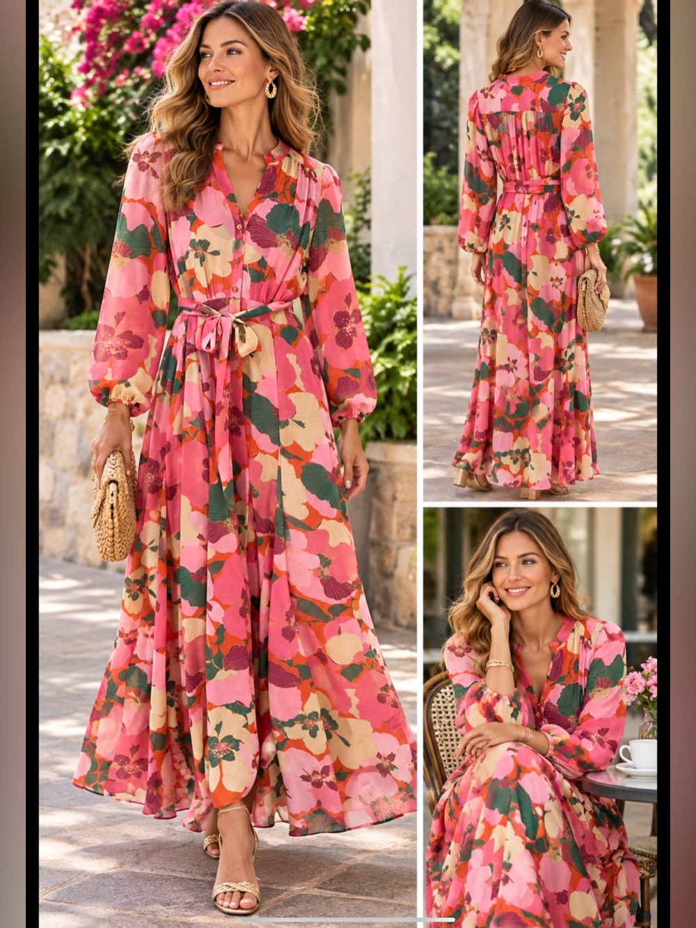 TAYLOR Floral Maxi Dress Pink Orange Belted Long Sleeve Boho Resort Size 2